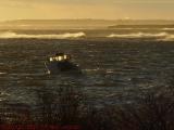Fishing Boat in Winter Sunset Surf, Cape Elizabeth, Maine