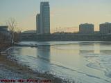 Partially Frozen Charles River Perspective in Sunset Light